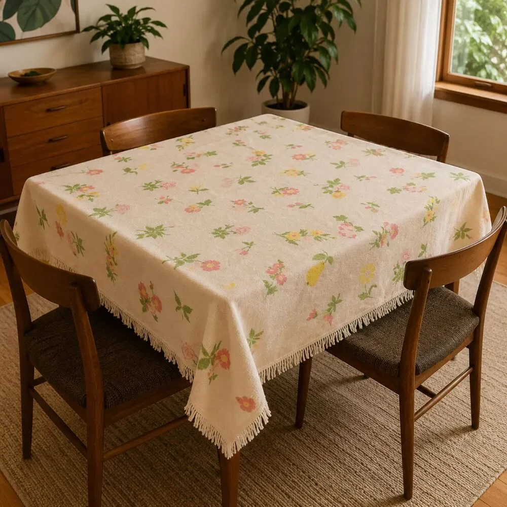 Vintage 1950s Terry Cloth Tablecloth Floral Fringe 54x66 Mid Century Cottage